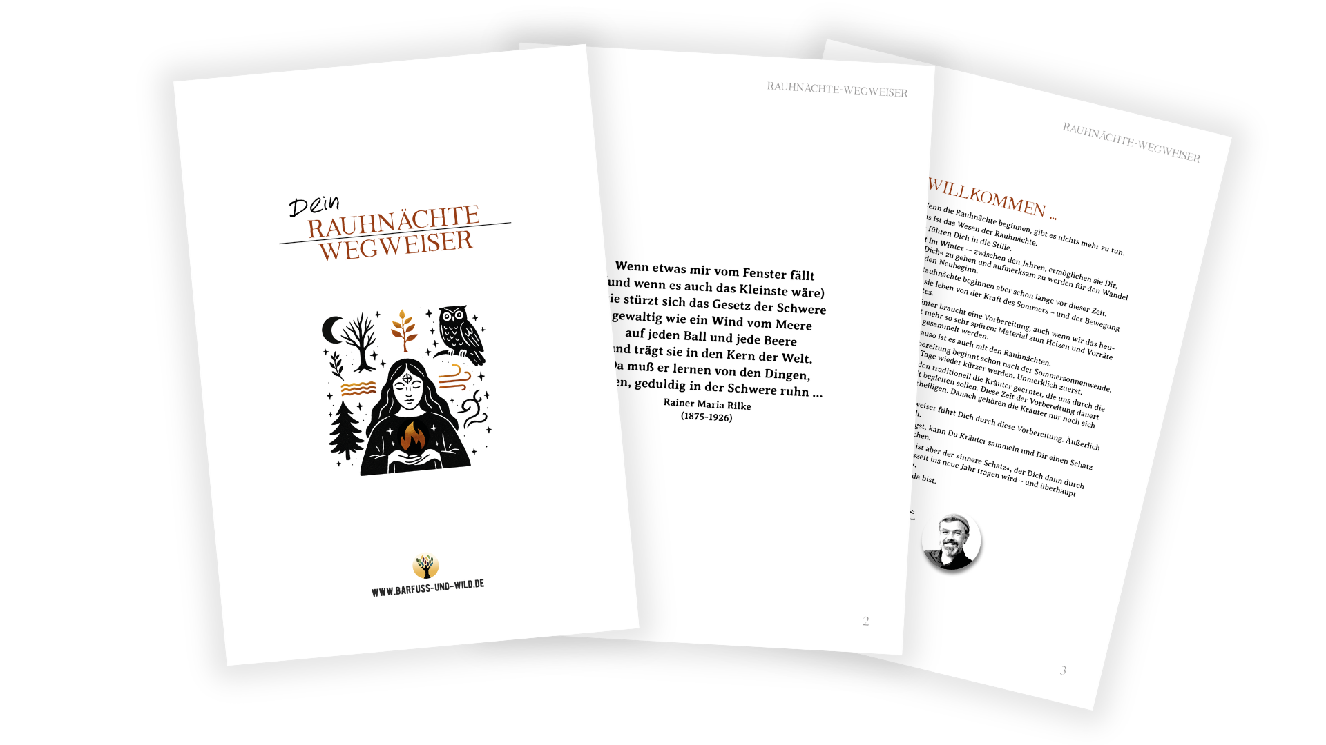 Der Rauhnächte-Wegweiser — PDF-Mockup mit drei aufgefächerten Seiten